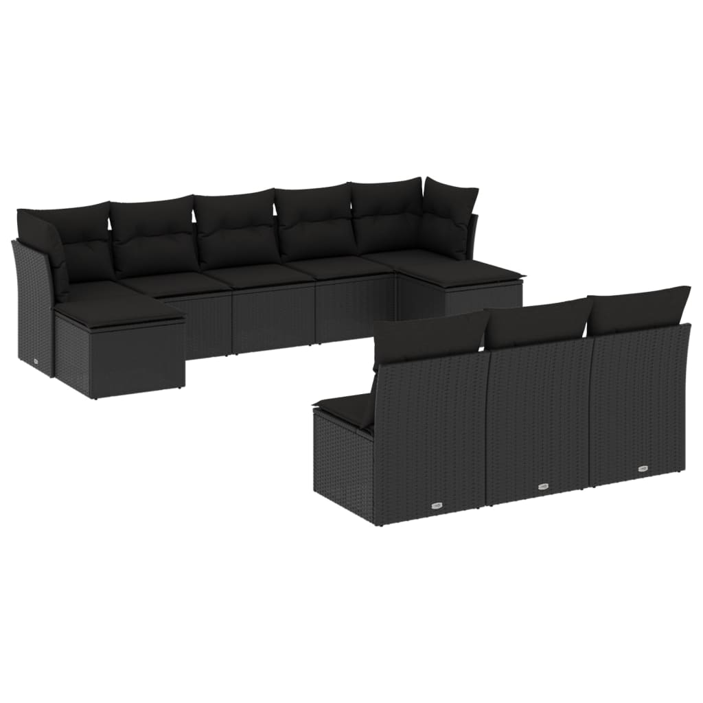 vidaXL 10-tlg. Garten-Sofagarnitur mit Kissen Schwarz Poly Rattan