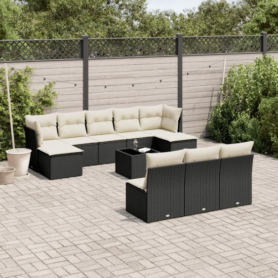 vidaXL 10-tlg. Garten-Sofagarnitur mit Kissen Schwarz Poly Rattan