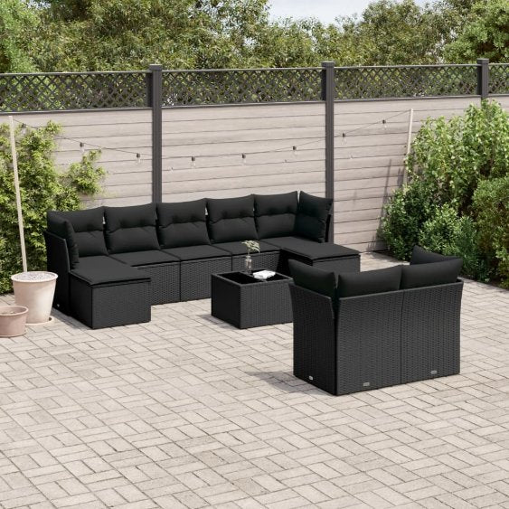 9-tlg. Garten-Sofagarnitur mit Kissen Schwarz Poly Rattan