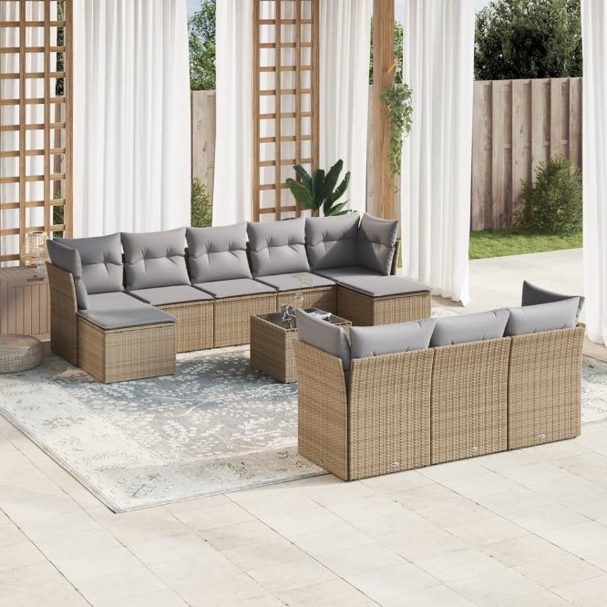 vidaXL 10-tlg. Garten-Sofagarnitur mit Kissen Schwarz Poly Rattan