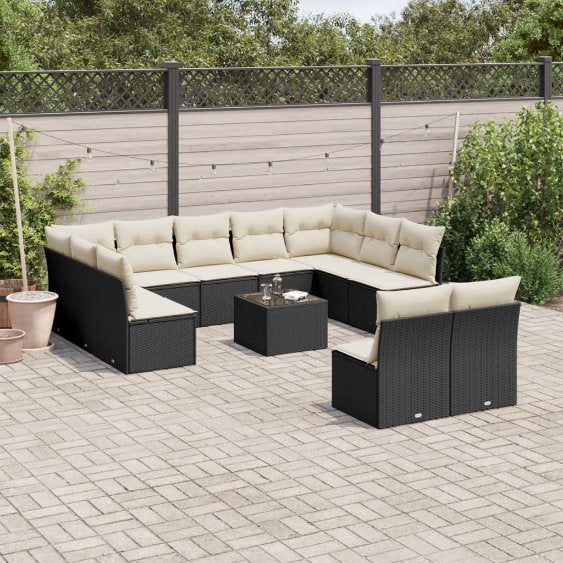 11-tlg. Garten-Sofagarnitur mit Kissen Schwarz Poly Rattan