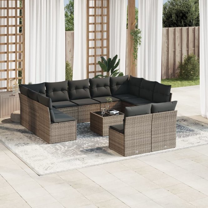 11-tlg. Garten-Sofagarnitur mit Kissen Schwarz Poly Rattan