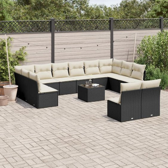 12-tlg. Garten-Sofagarnitur mit Kissen Schwarz Poly Rattan