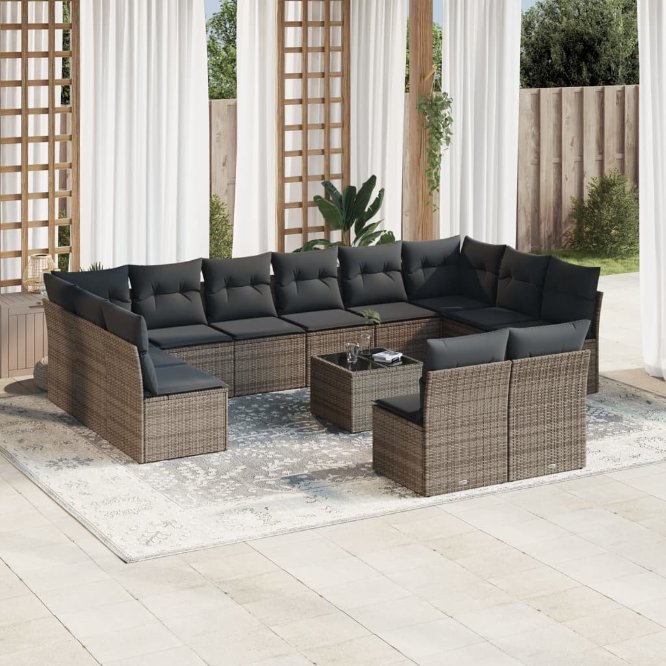 12-tlg. Garten-Sofagarnitur mit Kissen Schwarz Poly Rattan