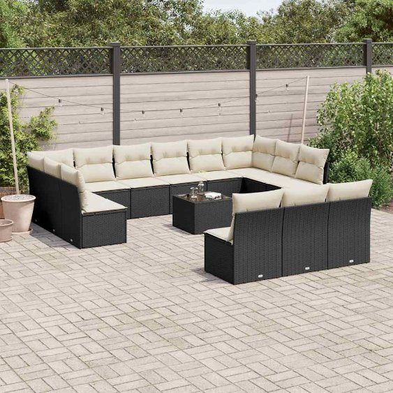 13-tlg. Garten-Sofagarnitur mit Kissen Schwarz Poly Rattan