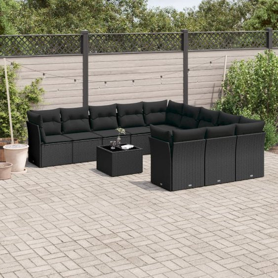 11-tlg. Garten-Sofagarnitur mit Kissen Schwarz Poly Rattan
