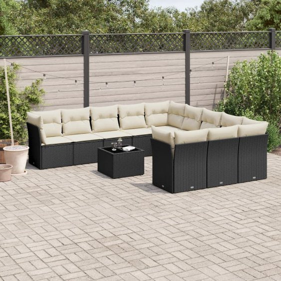 11-tlg. Garten-Sofagarnitur mit Kissen Schwarz Poly Rattan