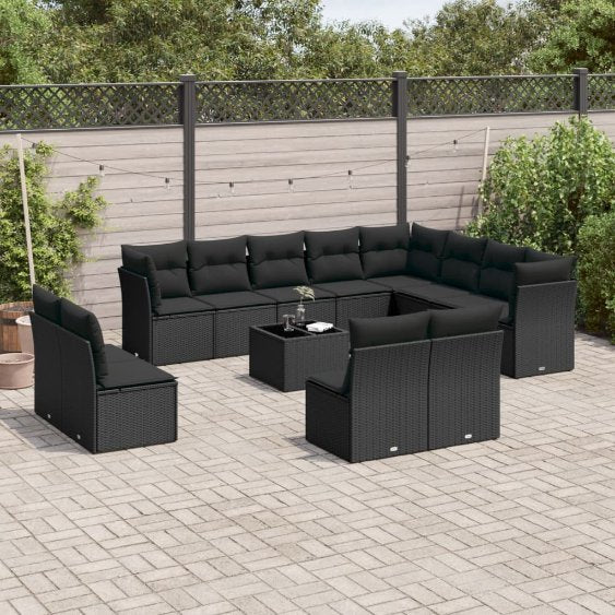 12-tlg. Garten-Sofagarnitur mit Kissen Schwarz Poly Rattan