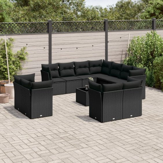 11-tlg. Garten-Sofagarnitur mit Kissen Schwarz Poly Rattan