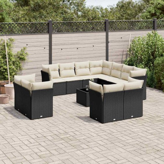 11-tlg. Garten-Sofagarnitur mit Kissen Schwarz Poly Rattan
