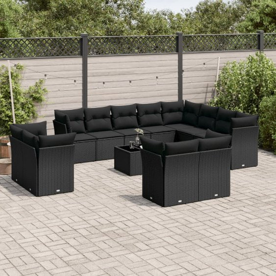12-tlg. Garten-Sofagarnitur mit Kissen Schwarz Poly Rattan