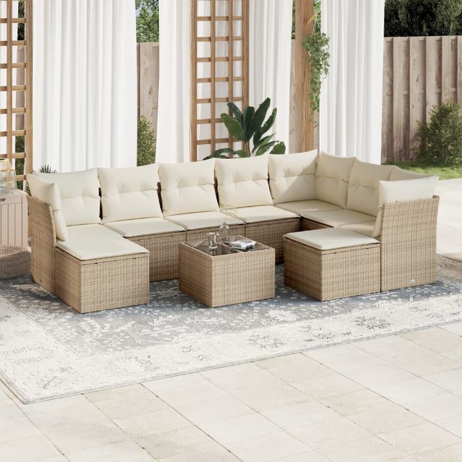 9-tlg. Garten-Sofagarnitur mit Kissen Schwarz Poly Rattan