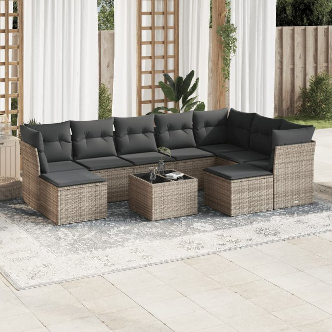 9-tlg. Garten-Sofagarnitur mit Kissen Schwarz Poly Rattan