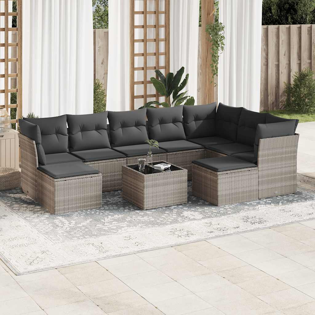 9-tlg. Garten-Sofagarnitur mit Kissen Schwarz Poly Rattan