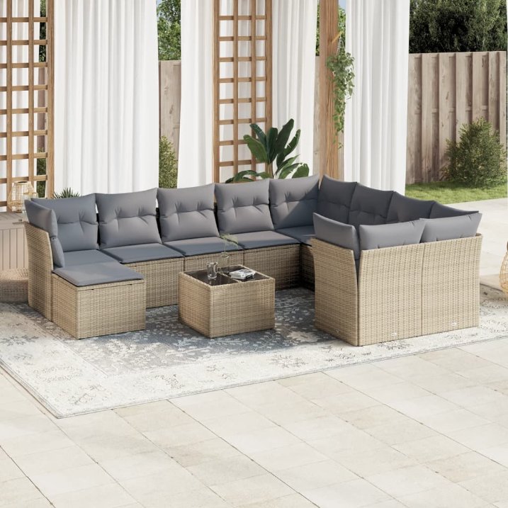 11-tlg. Garten-Sofagarnitur mit Kissen Schwarz Poly Rattan