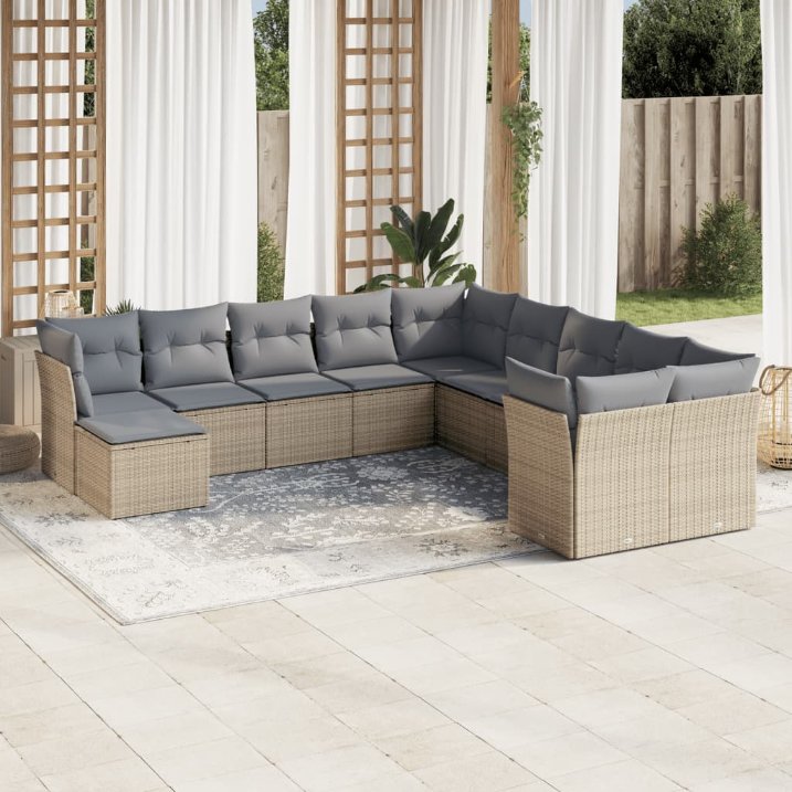 11-tlg. Garten-Sofagarnitur mit Kissen Schwarz Poly Rattan