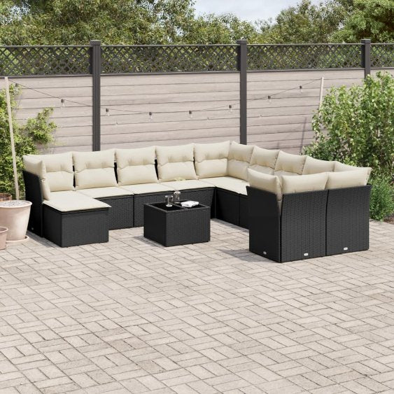 11-tlg. Garten-Sofagarnitur mit Kissen Schwarz Poly Rattan