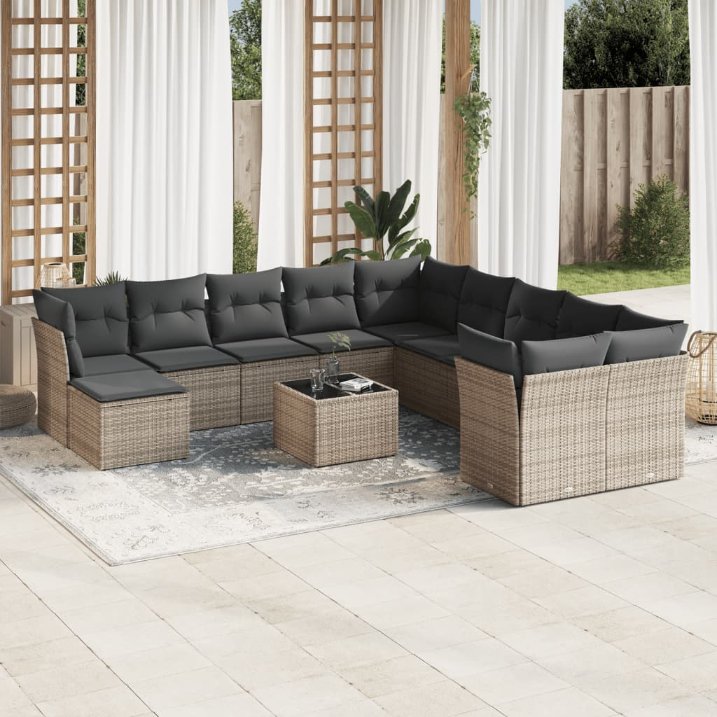 11-tlg. Garten-Sofagarnitur mit Kissen Schwarz Poly Rattan