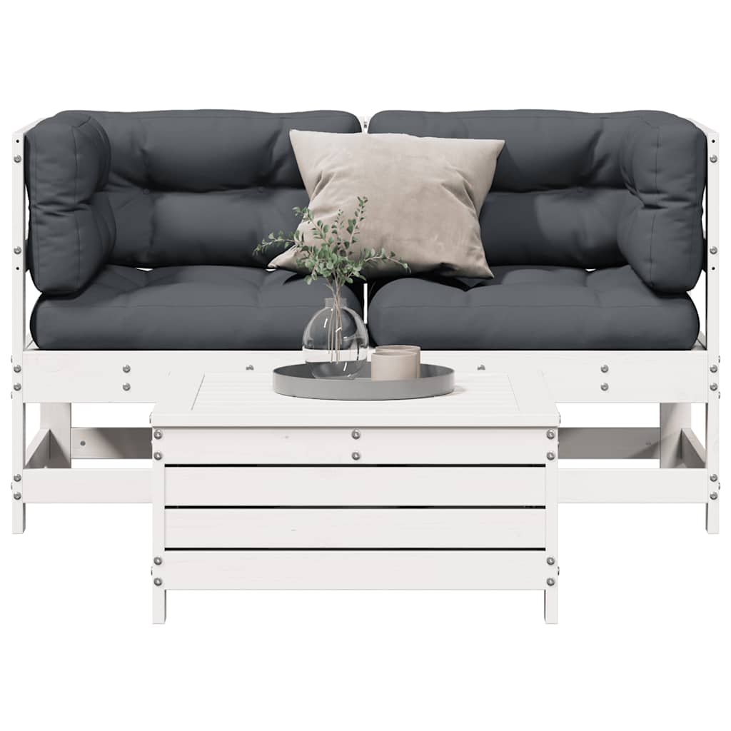 3-tlg. Garten-Lounge-Set mit Kissen Weiß Massivholz Kiefer