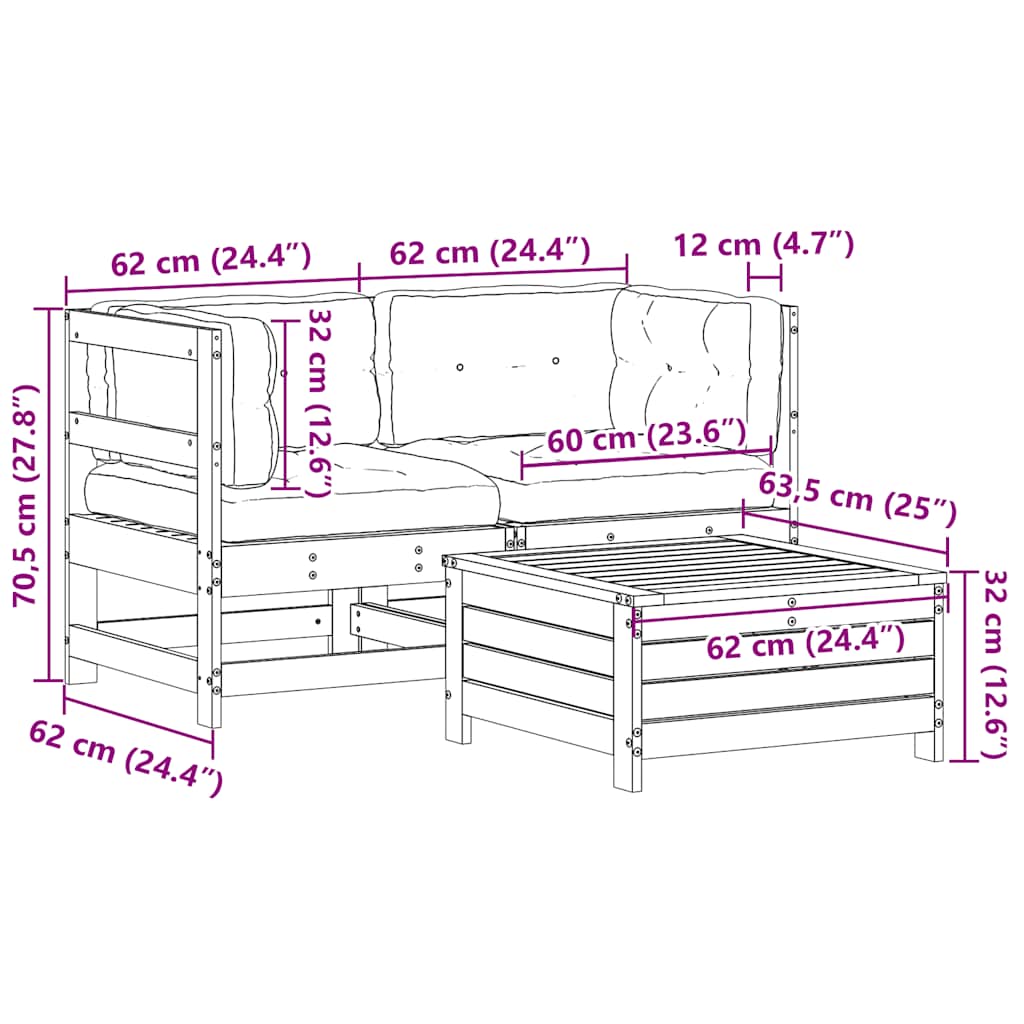 3-tlg. Garten-Lounge-Set mit Kissen Weiß Massivholz Kiefer