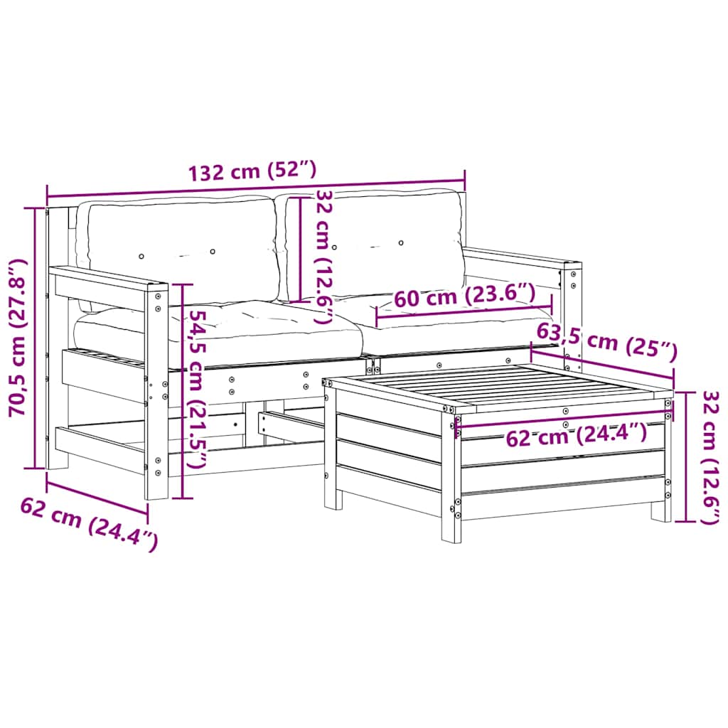 3-tlg. Garten-Lounge-Set mit Kissen Massivholz Kiefer