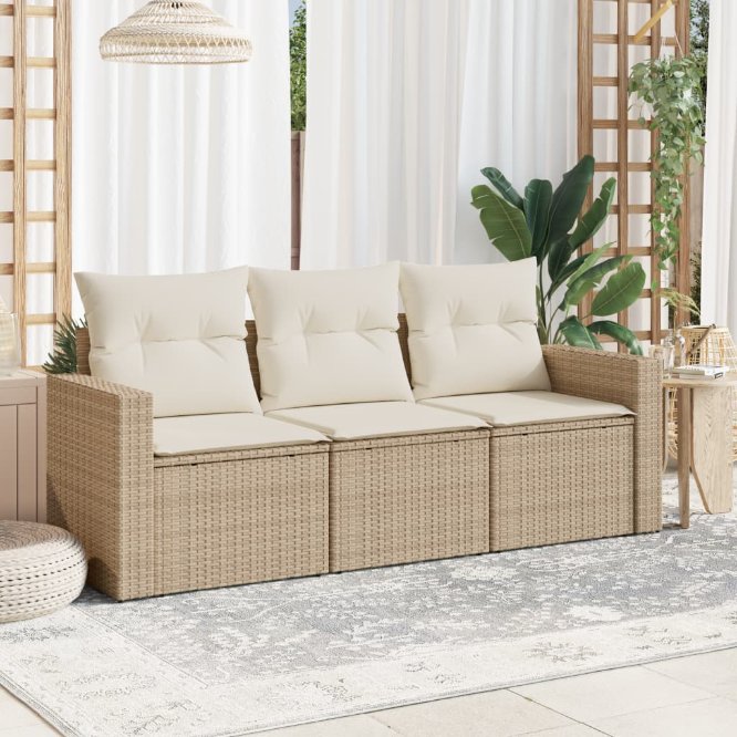 vidaXL 3-tlg. Garten-Sofagarnitur mit Kissen Schwarz Poly Rattan