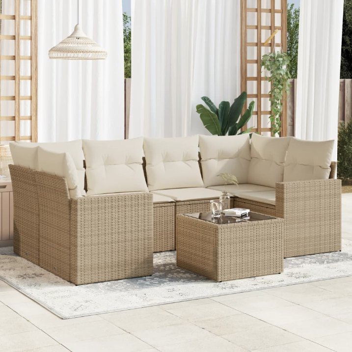 vidaXL 7-tlg. Garten-Sofagarnitur mit Kissen Schwarz Poly Rattan