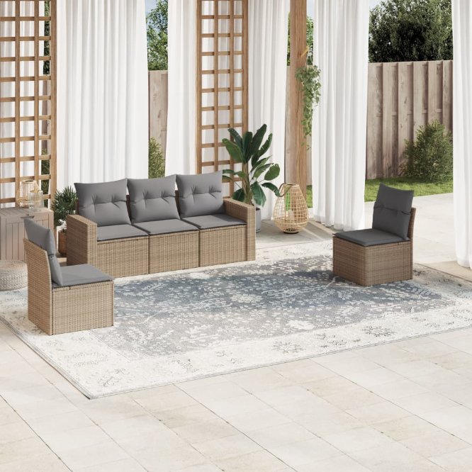 vidaXL 5-tlg. Garten-Sofagarnitur mit Kissen Schwarz Poly Rattan