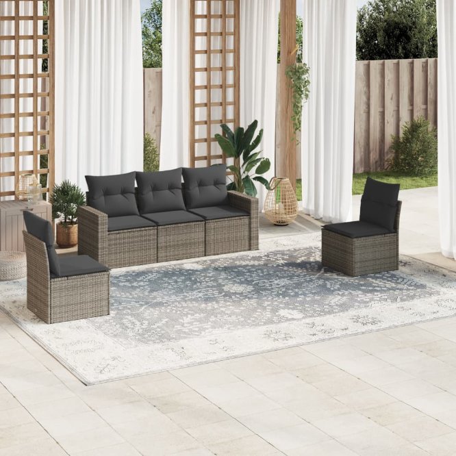 vidaXL 5-tlg. Garten-Sofagarnitur mit Kissen Schwarz Poly Rattan