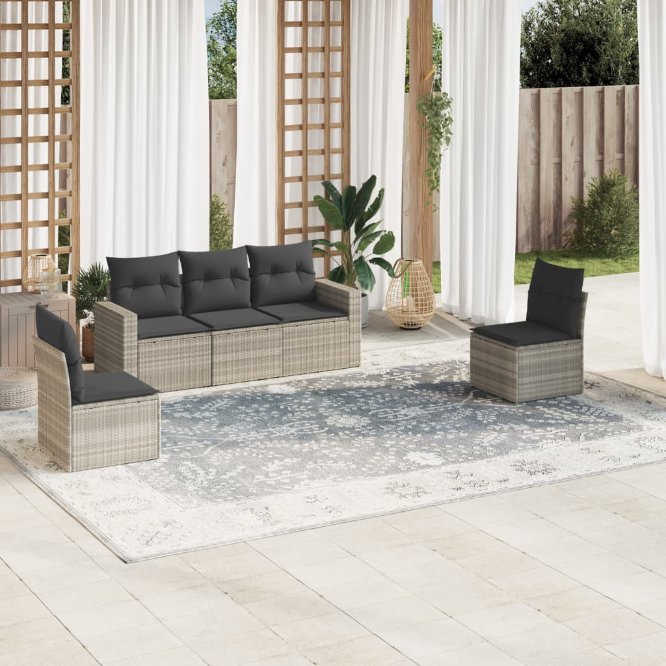 vidaXL 5-tlg. Garten-Sofagarnitur mit Kissen Schwarz Poly Rattan