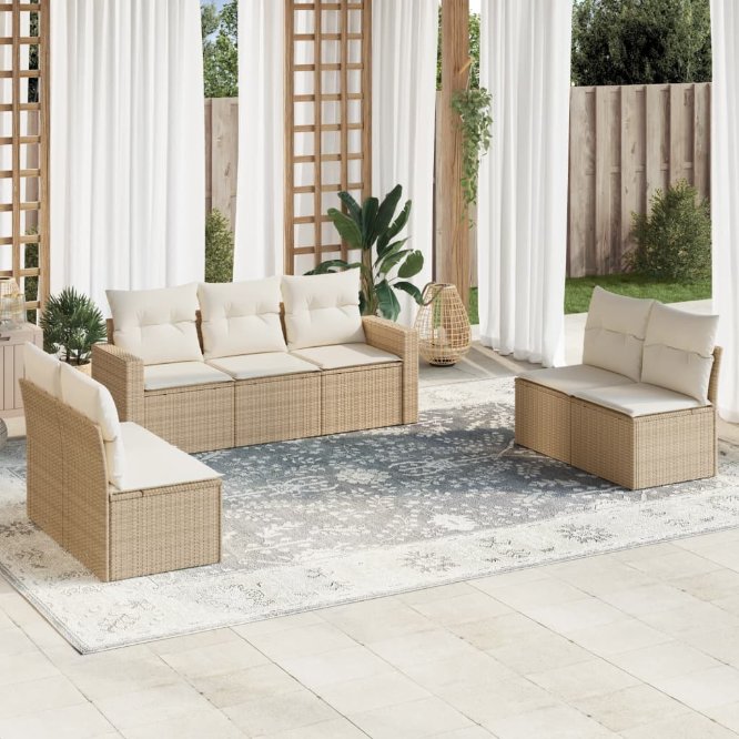 vidaXL 7-tlg. Garten-Sofagarnitur mit Kissen Schwarz Poly Rattan