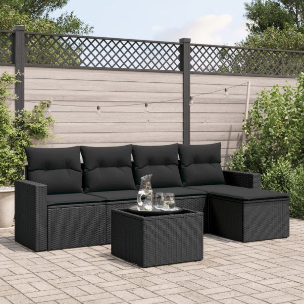 vidaXL 5-tlg. Garten-Sofagarnitur mit Kissen Schwarz Poly Rattan