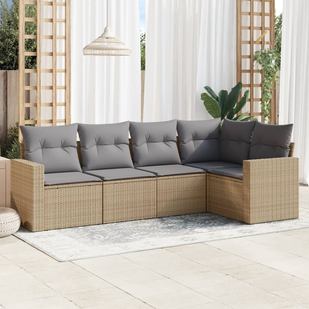 vidaXL 5-tlg. Garten-Sofagarnitur mit Kissen Schwarz Poly Rattan