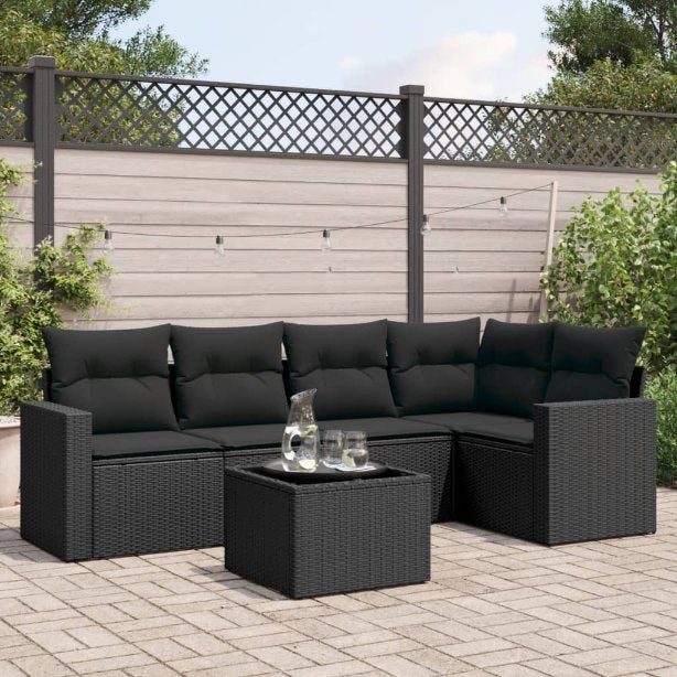 vidaXL 5-tlg. Garten-Sofagarnitur mit Kissen Schwarz Poly Rattan