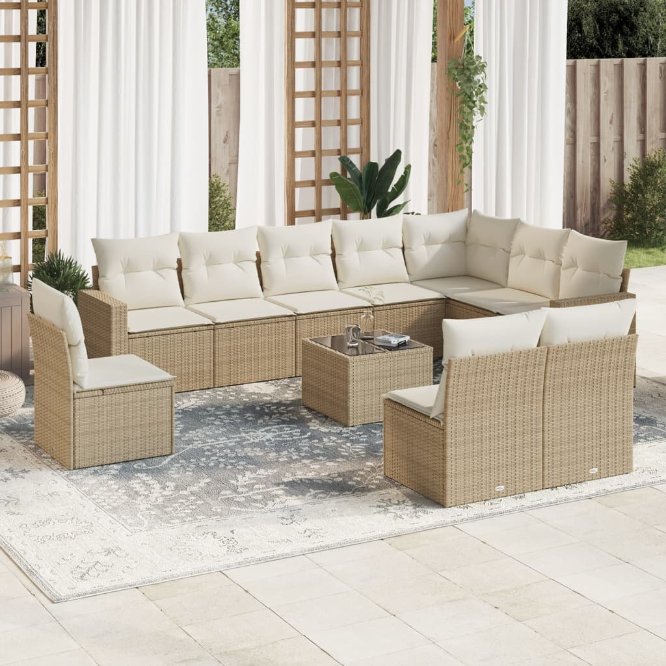 vidaXL 10-tlg. Garten-Sofagarnitur mit Kissen Schwarz Poly Rattan