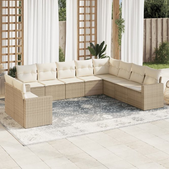vidaXL 10-tlg. Garten-Sofagarnitur mit Kissen Schwarz Poly Rattan