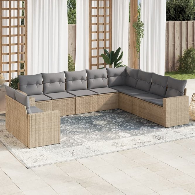vidaXL 10-tlg. Garten-Sofagarnitur mit Kissen Schwarz Poly Rattan