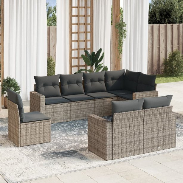vidaXL 8-tlg. Garten-Sofagarnitur mit Kissen Schwarz Poly Rattan