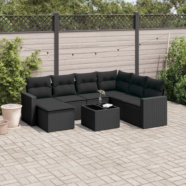 vidaXL 7-tlg. Garten-Sofagarnitur mit Kissen Schwarz Poly Rattan