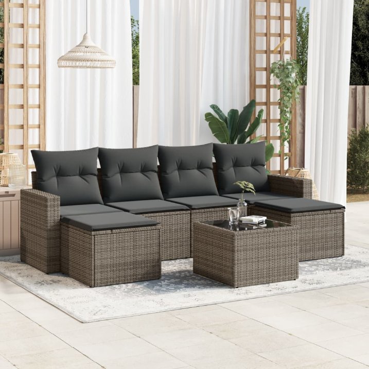 vidaXL 6-tlg. Garten-Sofagarnitur mit Kissen Schwarz Poly Rattan