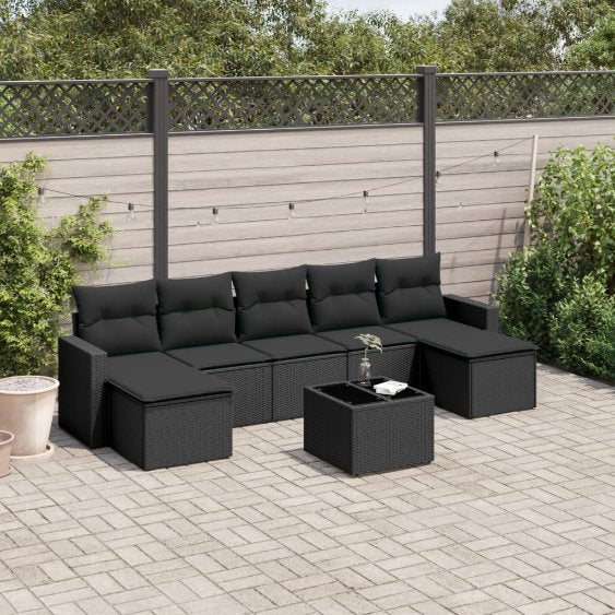 vidaXL 7-tlg. Garten-Sofagarnitur mit Kissen Schwarz Poly Rattan
