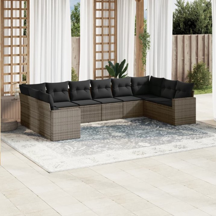 vidaXL 10-tlg. Garten-Sofagarnitur mit Kissen Schwarz Poly Rattan