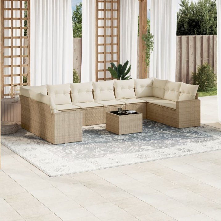 vidaXL 10-tlg. Garten-Sofagarnitur mit Kissen Schwarz Poly Rattan