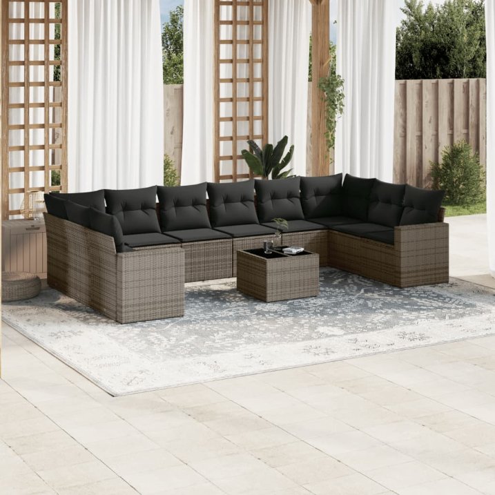 vidaXL 10-tlg. Garten-Sofagarnitur mit Kissen Schwarz Poly Rattan