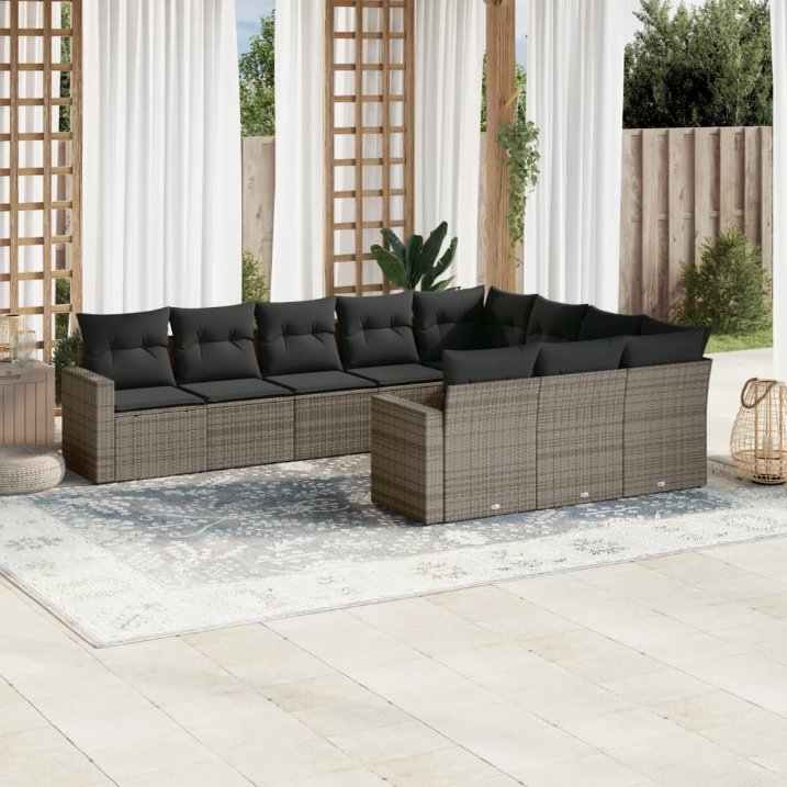 vidaXL 10-tlg. Garten-Sofagarnitur mit Kissen Schwarz Poly Rattan