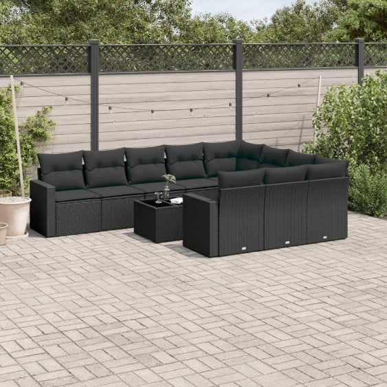 vidaXL 10-tlg. Garten-Sofagarnitur mit Kissen Schwarz Poly Rattan
