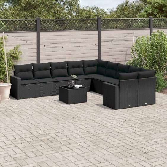 vidaXL 10-tlg. Garten-Sofagarnitur mit Kissen Schwarz Poly Rattan