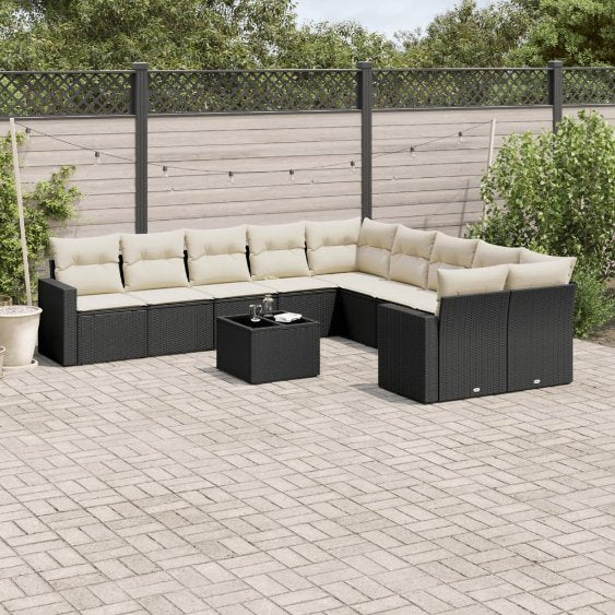 vidaXL 10-tlg. Garten-Sofagarnitur mit Kissen Schwarz Poly Rattan