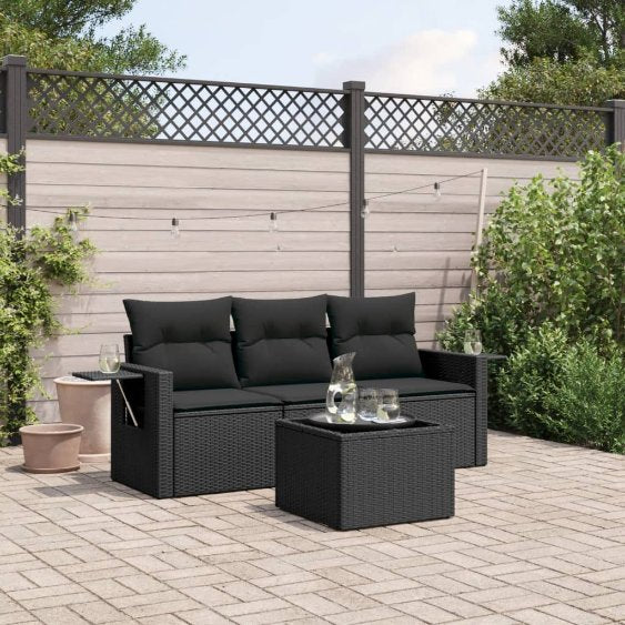 3-tlg. Garten-Sofagarnitur mit Kissen Schwarz Poly Rattan