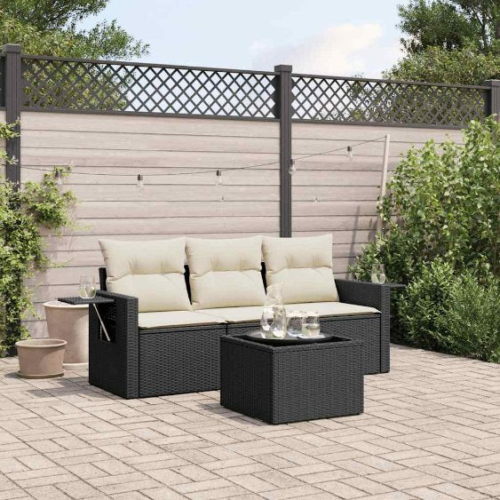 3-tlg. Garten-Sofagarnitur mit Kissen Schwarz Poly Rattan